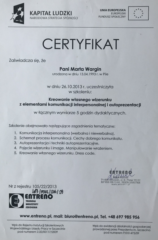 Certyfikat Marta Holewa